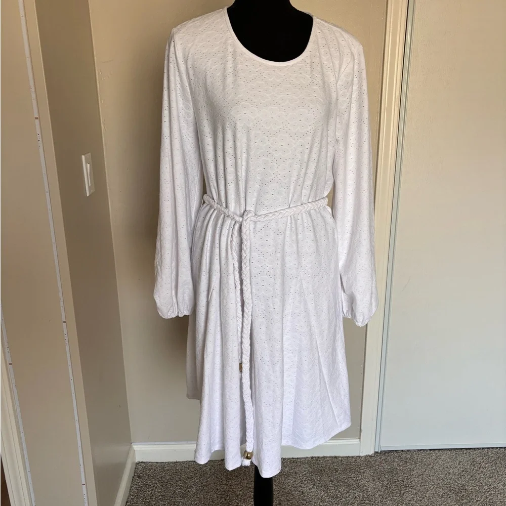 XL Michael Kors Womens White Braided Tie-Waist Eyelet Fit Flare A-Line Dress